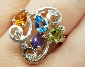 Mother's Ring Size 8/Sterling Silver/1.4ct Genuine Amethyst Peridot Citrine Blue Topaz/Scroll/Birthstone/Vintage Multi Stone Ring For Woman