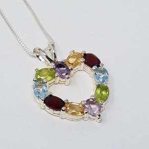 Multi Stone Heart Pendant Necklace/Sterling Silver/Mother&#39;s Necklace/Birthstone Necklace/18&quot; Chain/Garnet Topaz Peridot Citrine Amethyst
