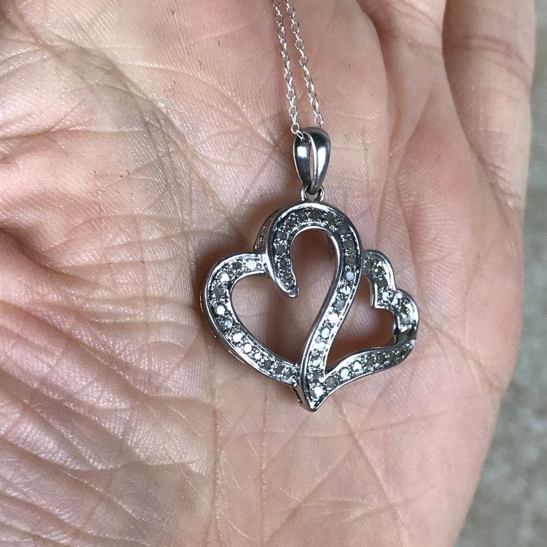 Diamond Heart Pendant NecklaceSterling SilverTotal .33ctGenuine DiamondVintage DiamondDiamond Necklace For WomenTwin Heart