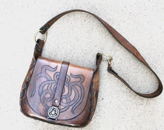 Vintage 60s 70s Hand crafted Saddle Leather Handbag Purse Shoulder Bag 1960s 1970s