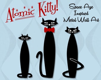 ¡Familia Atomic Kitty! Decoración de pared de gato MCM de metal negro - Diseño moderno de mediados de siglo, años 50
