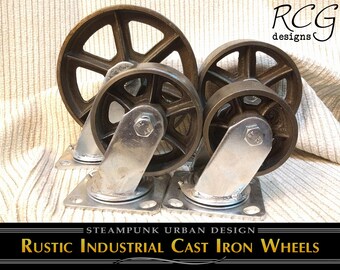 4 VINTAGE 1940/'s ANTIQUE CAST IRON WHEELS INDUSTRIAL STEAMPUNK SET OF FOUR