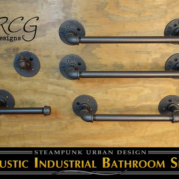 Industrial Bathroom Pipe Set B (2 Towel Racks, Hook, Toilet Paper Holder, Hand Towel Bar) rustic,steampunk