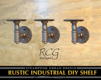 Three 2x2" L Brackets DIY Shelving Pipes B (for 6"-8" deep shelf), urban, steampunk, rustic