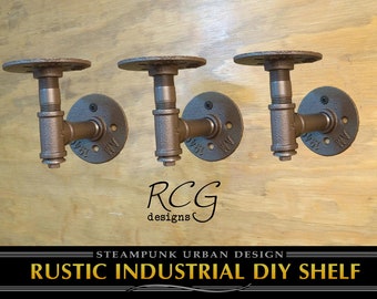 Three 2x3" L Brackets DIY Shelving Pipes B (for 6"-8" deep shelf), urban, steampunk, rustic