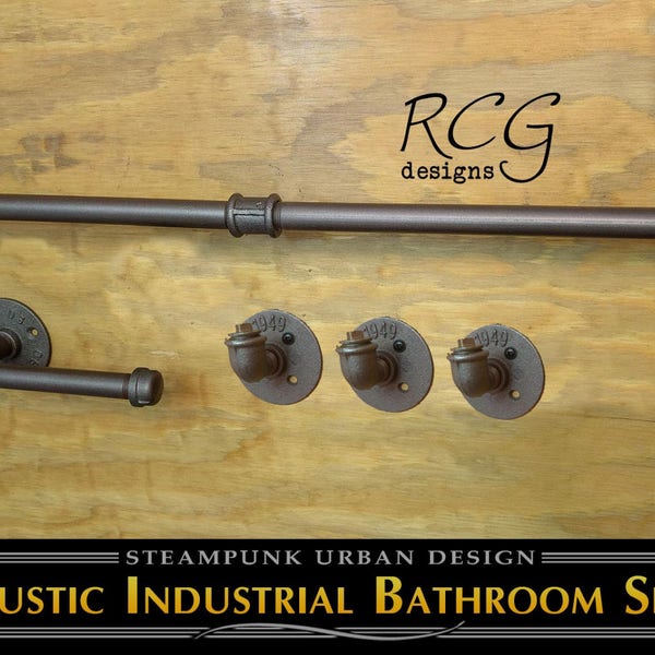 Industrial Bathroom Pipe Set C (Towel Rack, 3 Hooks, Toilet Paper Holder) rustic,steampunk