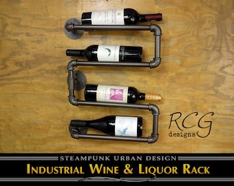 The Samantha - Industrial Pipe Wine & Liquor Rack Shelf - rustic, steampunk