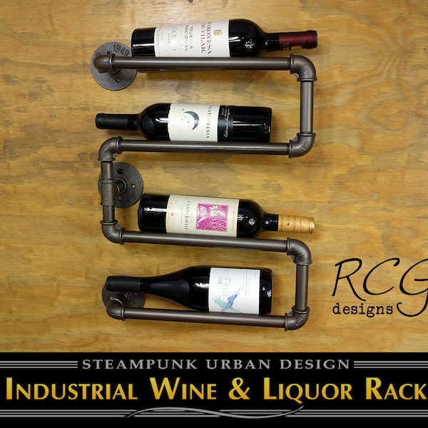 The Samantha - Industrial Pipe Wine & Liquor Rack Shelf - rustic, steampunk