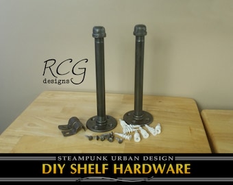 DIY 12" Pair Floating Shelf Brackets w/Mounting Screws & Pipe Clamps, urban, steampunk, rustic, shelving, pipe