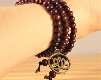 Brown Meditation Beads - FREE SHIPPING - Lotus Flower Charm- Buddhist Prayer Beads - Malas- Meditation Tip Card - Necklace or Bracelet