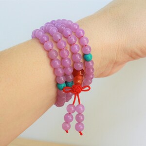 Light Purple Crystal Meditation Beads - FREE SHIPPING - Turquoise & Red Bead Accents - Mala Beads - Prayer Beads - Bracelet or Necklace