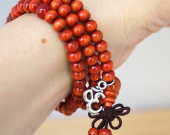 Orange Meditation Beads with Om Charm - FREE SHIPPING - Buddhist Prayer Beads - Malas - Meditation Tip Card - Necklace or Bracelet - Unisex