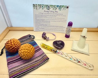 Calming Kit - FREE SHIPPING - Fidget Ring - Heart Worry Stone - Glitter Wand - Wooden Massage Balls - Fidget Jewelry - Aromatherapy Inhaler