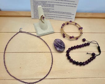 Amethyst Jewelry Calming Kit - FREE SHIPPING - Amethyst Moon Ring - Worry Stone - Amethyst Necklace - Amethyst Bracelet