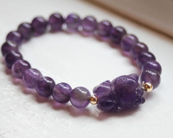 Cat Bracelet - Amethyst Beaded Bracelet - FREE SHIPPING - Healing Jewelry - Meditation Bracelet - Anxiety Bracelet - Gift for her - Anxiety