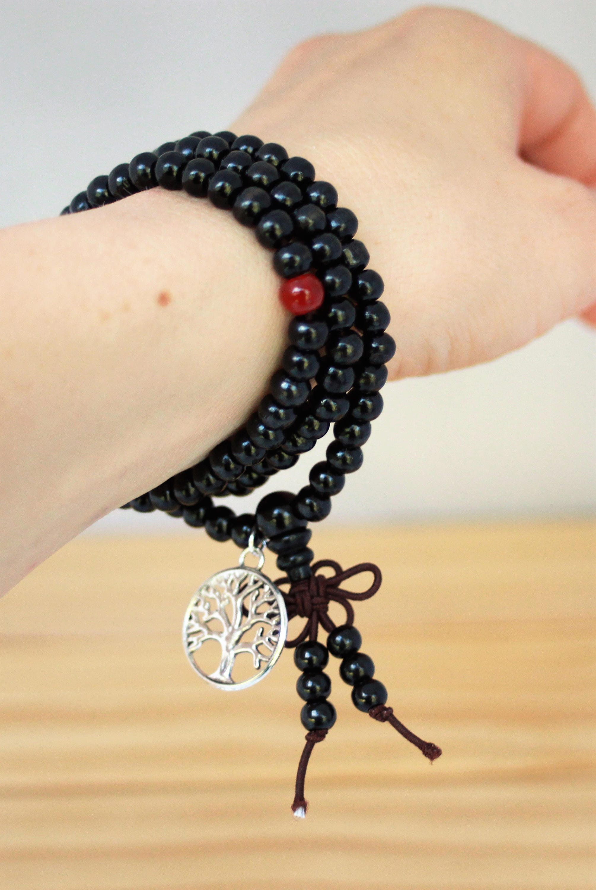 Black Meditation Beads - FREE SHIPPING - Tree of Life Charm - Buddhist Prayer Beads - Malas - Includes Meditation Tips - Necklace - Bracelet
