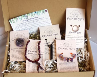 Women's Jewelry Calming Kit - FREE SHIPPING - Fidget Ring - Worry Stone - Mediation Beads - Anxiety Necklace - Amethyst Beads Keychain