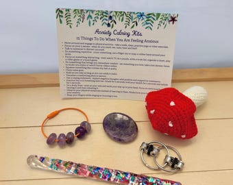 Kids' Calming Kit - FREE SHIPPING - Fidget Toys - Glitter Wand- Key Ring Fidget Toy - Mushroom Plushie Toy  - Amethyst Stones