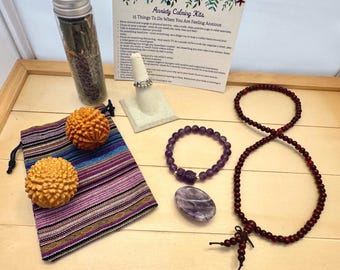 Women's Jewelry Calming Kit - FREE SHIPPING - Fidget Ring - Worry Stone - Mediation Beads - Aromatherapy - Wood Massage Balls