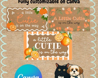 以下が含まれることがあります： 「A Little Cutie Is On The Way」のテキストとオレンジと茶色の要素のデザイン。画像には3つのサンプルデザイン、Canvaのロゴ、猫と犬のBeantown Bannersのロゴが含まれています。