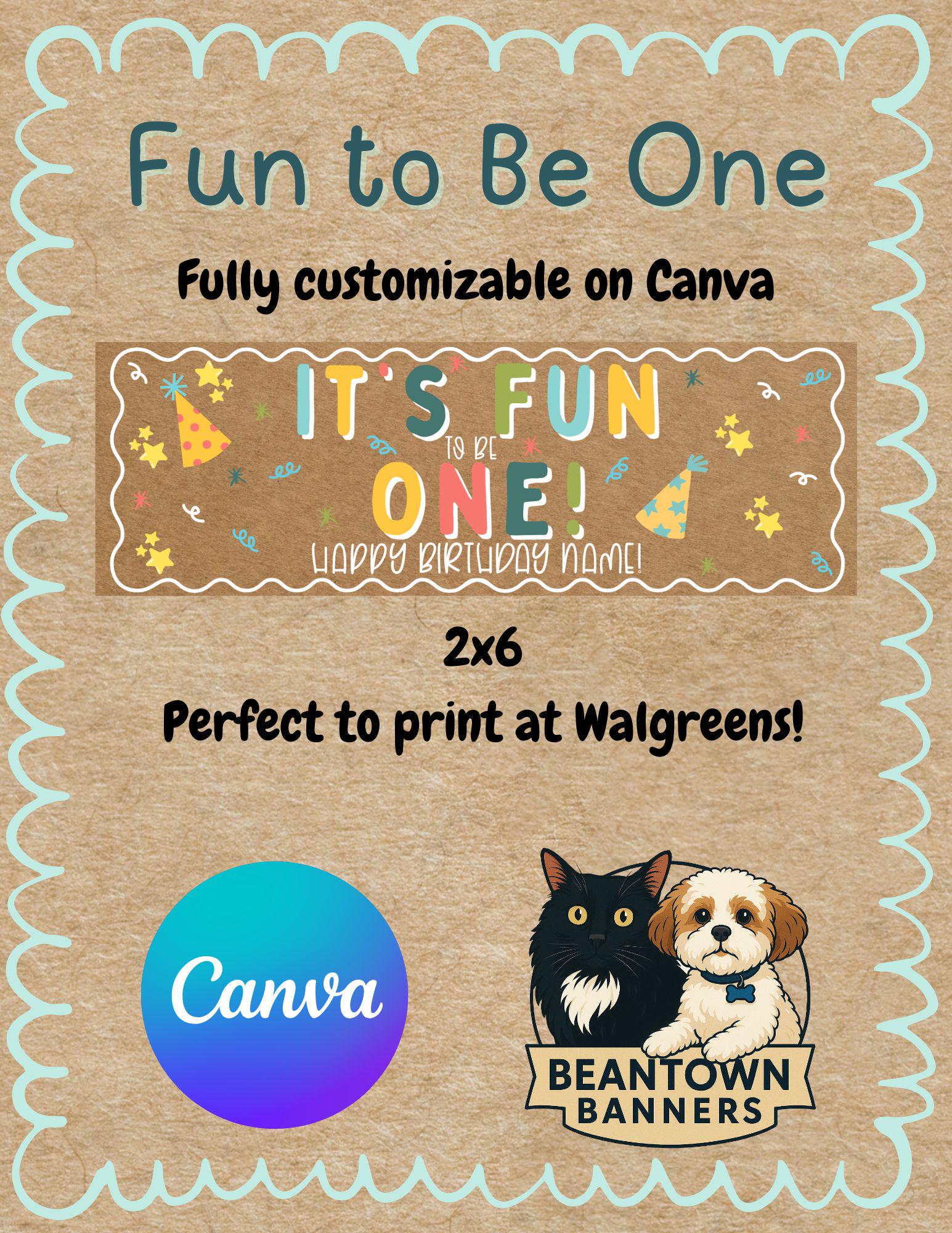 Fun to Be One Birthday Banner Template | 2x6 | Banner Mockup | Digital ...