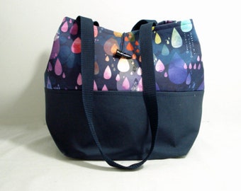 Raindrops on Blue Yarn Tote, Project Bag, Shoulder Strap, Knitting Tote, Crochet Tote