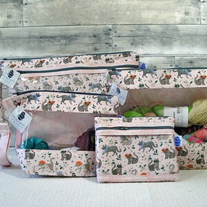 Parisienne Cats Project Bags, Project Bag, Knitting Project Bag, Zippered Pouch, Wedge Bag, Crochet Bag, Knitting Bag