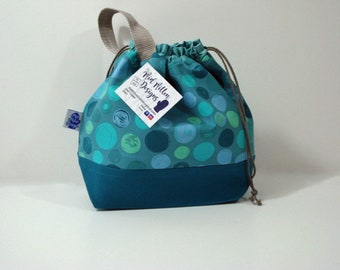 Teal Dots Cinch Sack, Canvas Project Bag, Drawstring Bag, Knitting Bag, Yarn Tote, Yarn Storage, wrist strap