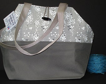 White Dots on Gray Project Tote, Yarn Tote, Project bag, shoulder strap, knitting tote, crochet tote