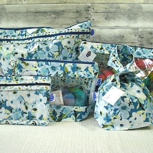 Teal Flowers Project Bags; Project Bag, Knitting Project Bag, Zippered Pouch, Wedge Bag, Crochet Bag, Knitting Bag