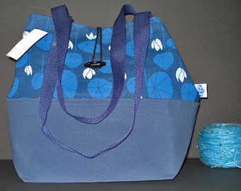 Navy Lotus Print Project Tote, Yarn Tote, Project bag, shoulder strap, knitting tote, crochet tote