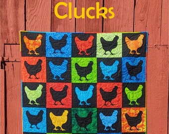 PDF Clucks Quilt Pattern by Slice of Pi Quilts [layer cake friendly, beginner applique chicken quilt pattern]