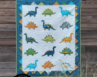 PDF Dino Roar Quilt Pattern Digital Download by Slice of Pi Quilts [fat quarter friendly, beginner applique dinosaur quilt pattern]