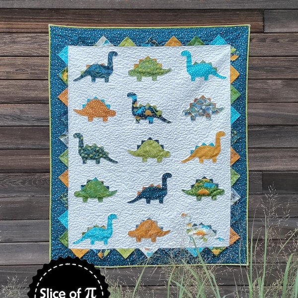 PDF Dino Roar Quilt Pattern Digital Download by Slice of Pi Quilts [fat quarter friendly, beginner applique dinosaur quilt pattern]