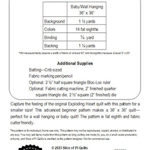 The back of the Mini Exploding Heart quilt pattern showing the fabric and supply requirements