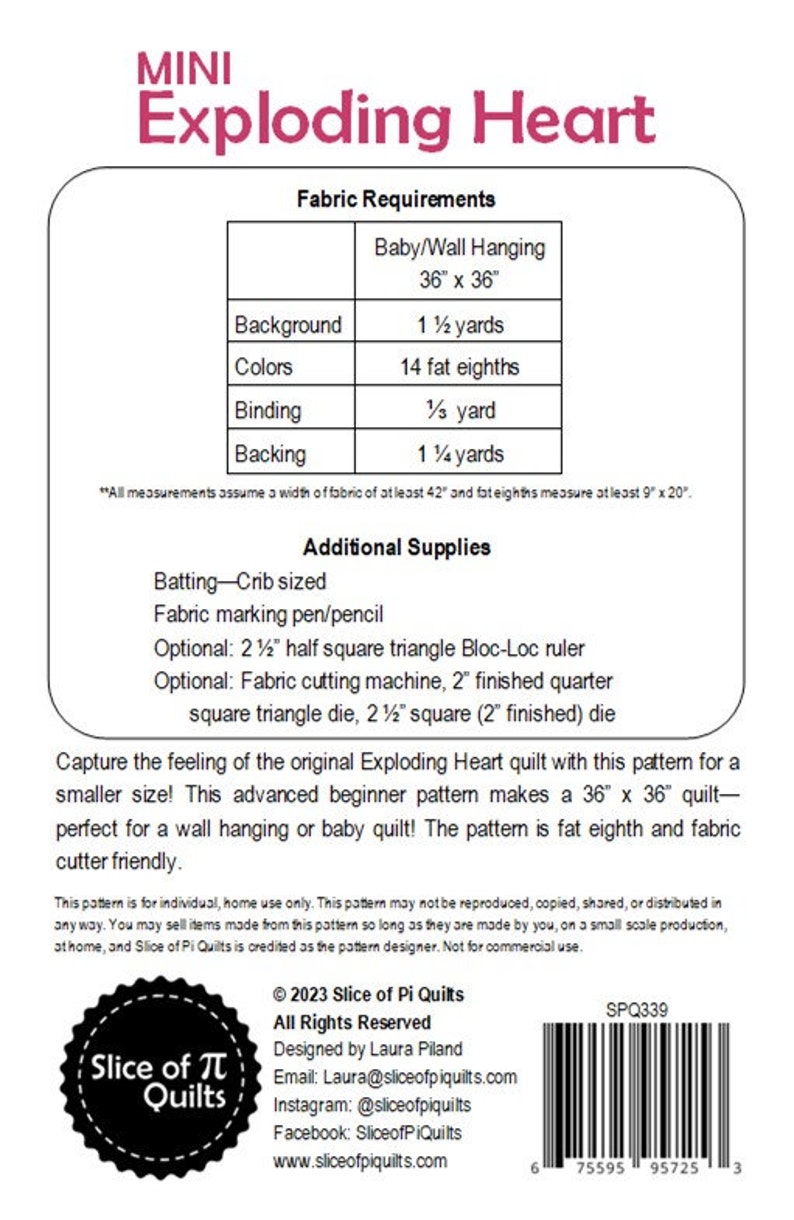 The back of the Mini Exploding Heart quilt pattern showing the fabric and supply requirements
