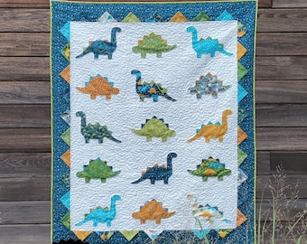 PAPER Dino Roar Quilt Pattern by Slice of Pi Quilts [fat quarter friendly, beginner applique dinosaur quilt pattern]