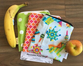 Coordinating 3 Pack Washable Reusable Sandwich Size Food Bags Pinata themed