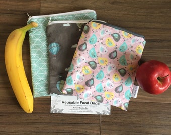 Reusable Washable Food Bag - Sandwich Size 3 pack Hot Air Balloon and Bird themed