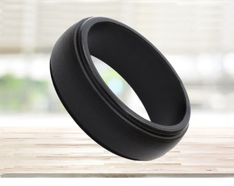 Men Silicone Ring Dark Silver - Step Edge Rubber Wedding Band for Man - Breathable 8mm Wide Band Promise Ring Anniversary Gift for Him