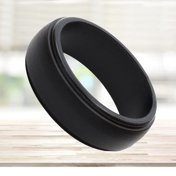 Men Silicone Ring Dark Silver - Step Edge Rubber Wedding Band for Man - Breathable 8mm Wide Band Promise Ring Anniversary Gift for Him