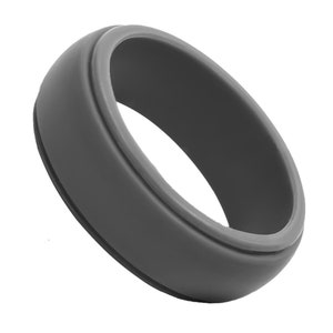 Men Silicone Ring Dark Silver - Step Edge Rubber Wedding Band for Men - Breathable 8mm Wide Band Promise Ring Anniversary Gift for Him