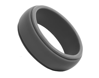 Men Silicone Ring Dark Silver - Step Edge Rubber Wedding Band for Men - Breathable 8mm Wide Band Promise Ring Anniversary Gift for Him