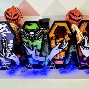 Ataúd de madera 3D / decoración del hogar / Halloween / godo / horror / placa / stand / adorno / serpiente / tatuaje / rosa / polilla de la cabeza de la muerte / espeluznante