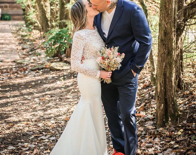 Lace bodysuit with long sleeves and low back with lace skirt