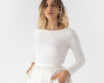 Spitze Hochzeit Body, Spitzentop mit langen Ärmeln, Voller Rücken, Spitze Hochzeit Top, Makramee Top, Spitze lange Ärmel, Brautspitze, Häkelmuster