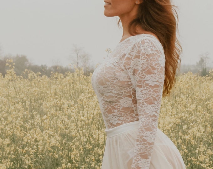 Lace bodysuit with long sleeves and transparent tulle skirt