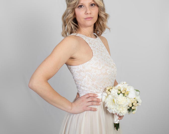 Bridal bodysuit with halter neckline and tulle skirt