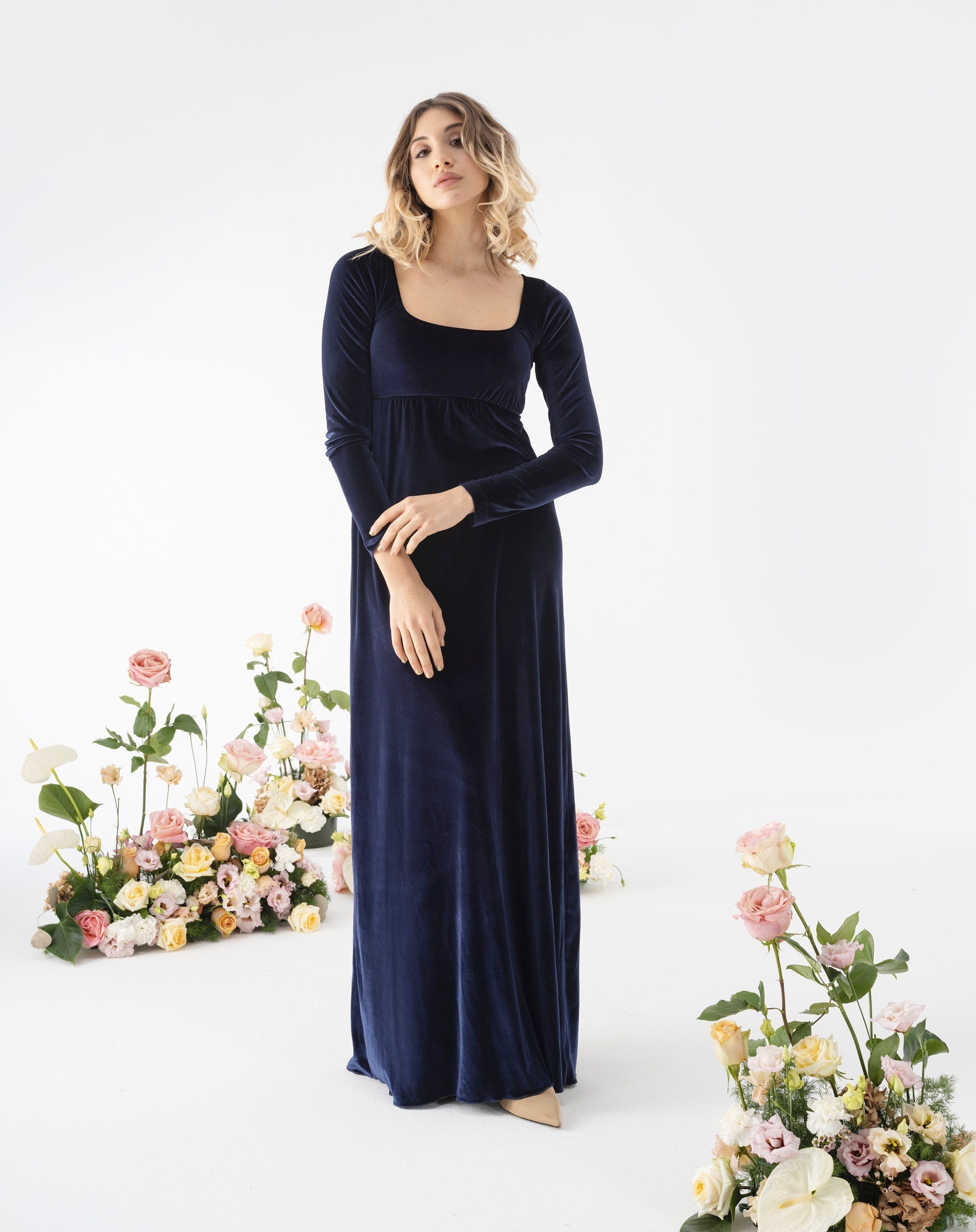 Velvet bridesmaid dress with long sleeve and square neck