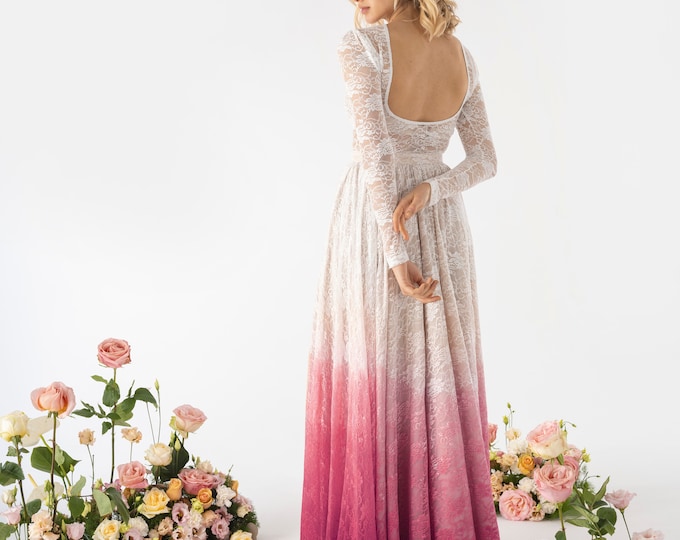 Ombre lace wedding dress composed by a lace bodysuit with long sleeves and open back with lace ombre skirt, dip dyed in customized color
